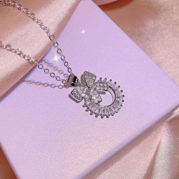 Silver Bow Crystal Pendant Necklace - Picture 5 of 5